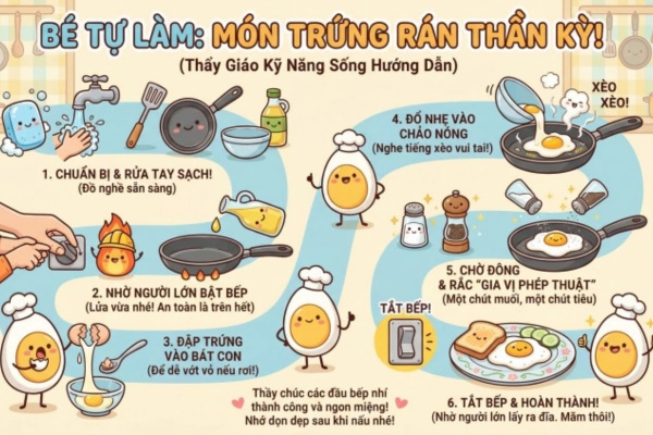 Hình ảnh Nano Banana Pro tạo ra khi có câu lệnh: "Tưởng tượng bạn là thầy giáo dạy kỹ năng sống, hãy tạo infographic hướng dẫn cách rán trứng, để trẻ 10 tuổi cũng hiểu và thích thú làm theo."